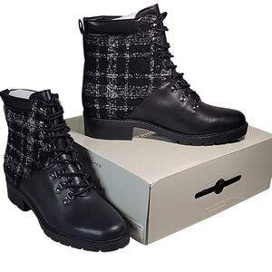 Marc Fisher Lanzia Grey and Black Lace Up Leather Combat Boots Women Size 10 NEW